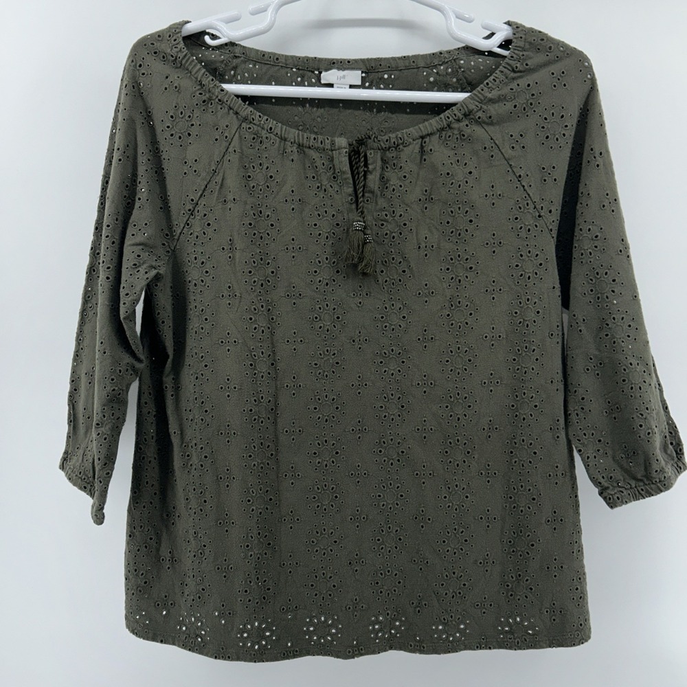 J. Jill Shirt Top Women's Large L Eyelet Tassel Peasant Blouse 3/4 Sleeve Green